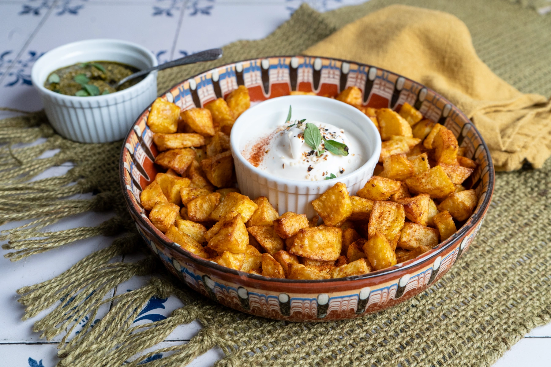 Knusprige Kartoffelwürfel aus der Heißluftfritteuse-03 Knusprige Kartoffelwürfel in einer Schale mit einem Dip in der Mitte und einem Pesto-Dip daneben auf einem gedeckten Tisch.