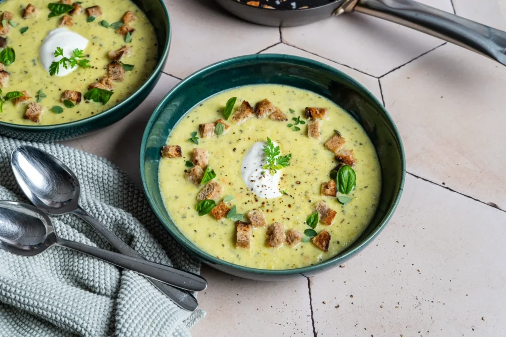Cremige Zucchinisuppe mit Croutons und Kräutern, serviert in zwei grünen Schalen, mit Löffeln und Serviette daneben.